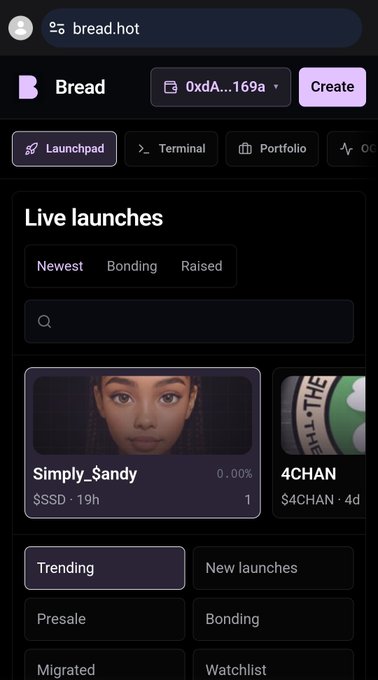 A screenshot of the bread.hot crypto platform homepage showing "Live launches" with tabs for Newest, Bonding, and Raised, featuring tokens like Simply_$andy ($SSD) and 4CHAN ($4CHAN).