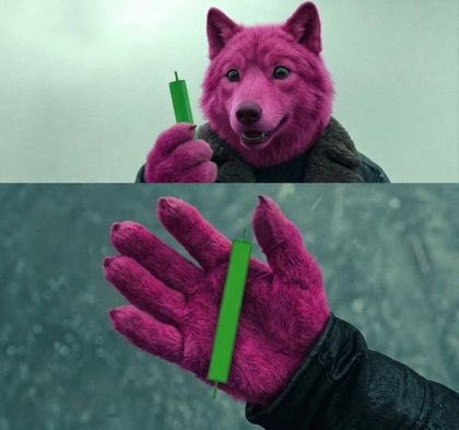Two images show a pink wolf character holding a green cylindrical object; the top shows the wolf's face, while the bottom focuses on the pink, furry hand holding the green object.