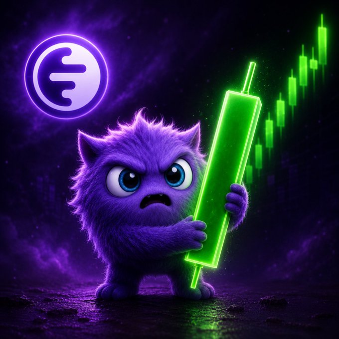 Digital artwork of a purple furry creature holding a glowing green candlestick chart, set against a dark purple background with a logo in the upper left.