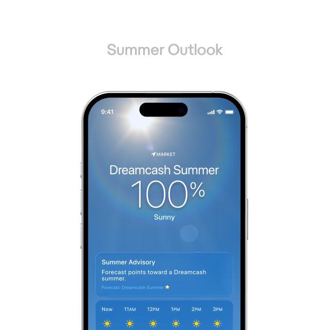 An iPhone displays a weather app interface titled 'Summer Outlook' showing 'Dreamcash Summer 100% Sunny' with a forecast indicating a 'Dreamcash summer.'