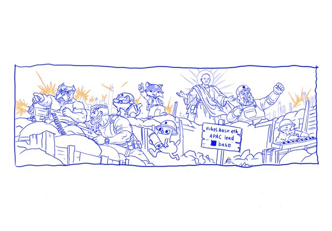 A blue line-art illustration depicting an epic battle scene with anthropomorphic characters wielding weapons, with a central figure standing above a sign that reads 'hibitBase eth APAC lead base'.
