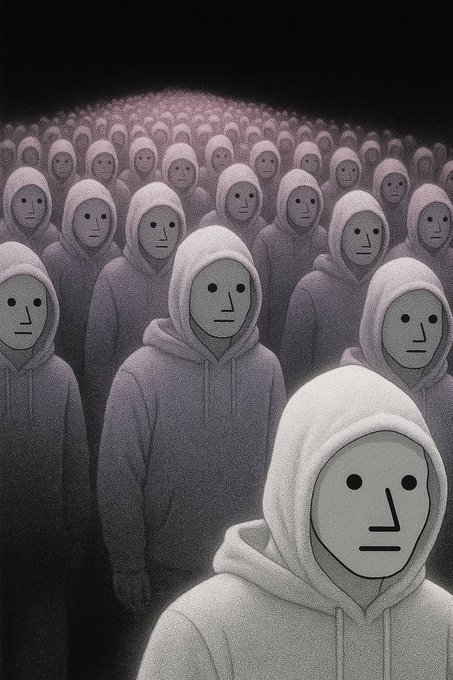 The image features a group of people wearing hooded sweatshirts or jackets with hoods over their heads. The hoods are white, which makes them stand out against the dark background. There are at least 13 people visible in the image, all dressed similarly and facing away from the camera. They appear to be walking together, possibly as a group of friends or colleagues.

The post that accompanies this image is titled "They will keep coming and going, but nothing will stay as long as $NPC". This phrase suggests that the people in the image are like characters from a video game or comic book series, who have been assigned to perform certain tasks or face challenges together. The hooded sweatshirts worn by the individuals could be representing their roles within this narrative.