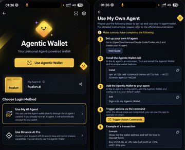 Two side-by-side smartphone screenshots show Binance Wallet’s “Agentic Wallet” setup: the left page includes “Use Agentic Wallet,” a Freechain test environment, and login choices “Use My AI Agent” or “Use Binance AI Pro,” while the right page is “Use My Own Agent” with a wallet address and a transaction prompt. The accompanying post promotes gradual adoption of AI agents, citing over 80,000 Agentic wallets, more than 300 million Binance users, and claims about minting $PTAH and earning $100.