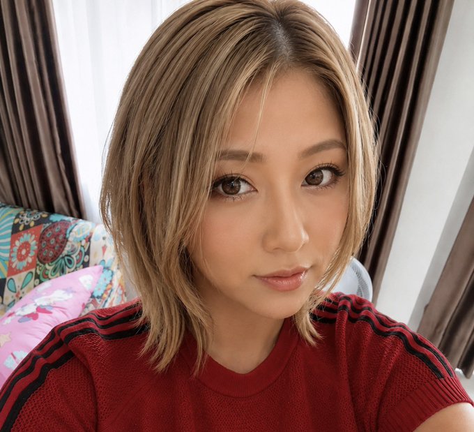 A selfie of a young woman with shoulder-length blonde-highlighted hair wearing a red sweater, posed indoors with curtains and floral pillows in the background. The image appears to be a personal photo rather than related to the post's commentary on yen currency movements and statements from US Treasury Secretary Bessent.