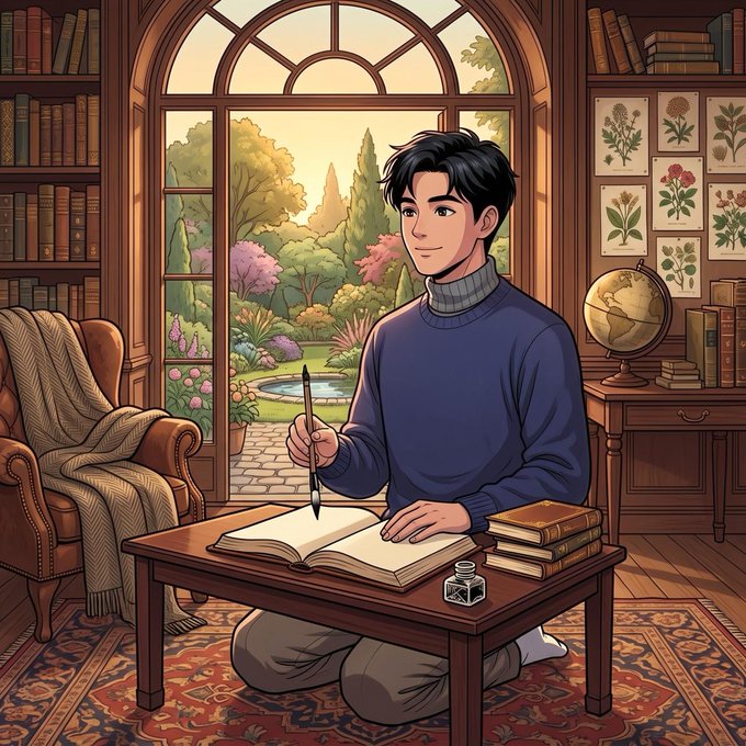 An illustrated young man in a blue sweater sits at a small wooden table in a cozy library, writing in a notebook with a quill pen beside an inkwell and books.