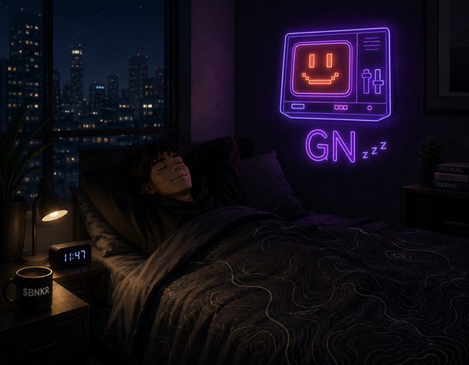 A young man sleeps peacefully in a dark bedroom with a city view, while a neon sign on the wall reads 'GN' with a smiling computer face and 'zzz' indicating goodnight.