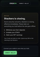 A dark-themed notification from the Stackr app informing users that 'Stackers is closing,' advising them to withdraw farm deposits, unstake STACK, and claim their NFT earnings.