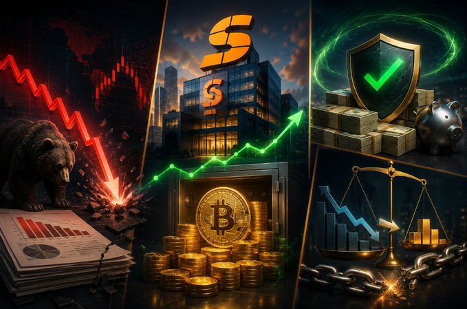A collage image depicting financial themes including a bear next to a red downward chart, a Bitcoin vault with gold coins, a security shield with stacks of money, and a scale balancing arrows.