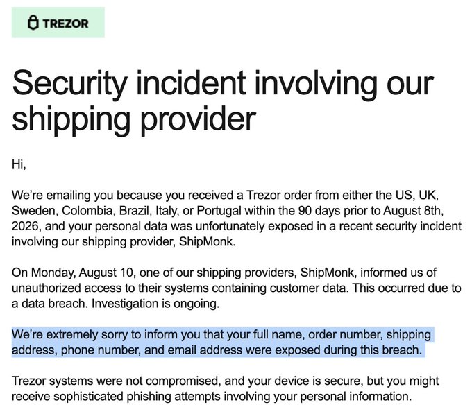 A screenshot of an email from Trezor notifying customers that their personal information—name, address, phone, email, and order number—was exposed in a data breach involving shipping provider ShipMonk on August 10th, with the breach affecting orders from the US, UK, Sweden, Colombia, Brazil, Italy, and Portugal within 90 days prior to August 8th, 2026. This supports the post's concern about the Bitcoin self-custody industry being compromised, highlighting how even hardware wallet users face privacy risks that could lead to dangerous phishing attempts or physical targeting.