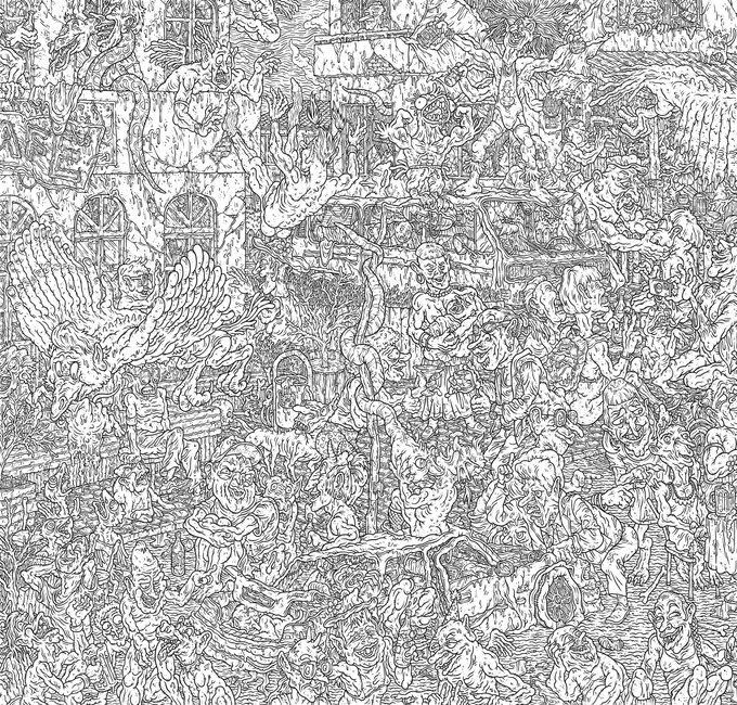 A dense, intricate black-and-white line drawing filled with numerous surreal figures, faces, and creatures in a chaotic composition.