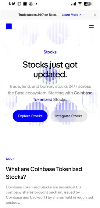 A Coinbase mobile app screenshot advertising "Stocks just got updated," promoting 24/7 stock trading with "Coinbase Tokenized Stocks" and "Explore Stocks"/"Integrate Stocks" buttons, fitting the "look what I found..." caption as a discovery of Coinbase's new tokenized stock feature.