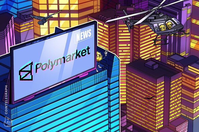 A colorful cartoon-style illustration showing a cityscape with a 'Polymarket NEWS' billboard and a 'COINTELEGRAPH' helicopter featuring a cartoon character.