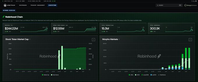 This dashboard showcases the Robinhood Chain, with key metrics including $244.22M in Protocol TVL and $12.55M in Stock Token Market Cap, presented as a preview of upcoming analytics.