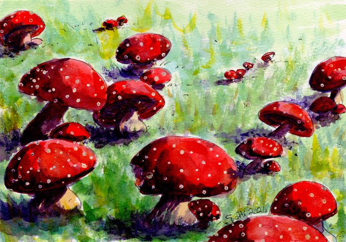 A vibrant watercolor painting of red mushrooms with white spots scattered across a green grassy field, signed by the artist in the bottom right corner.