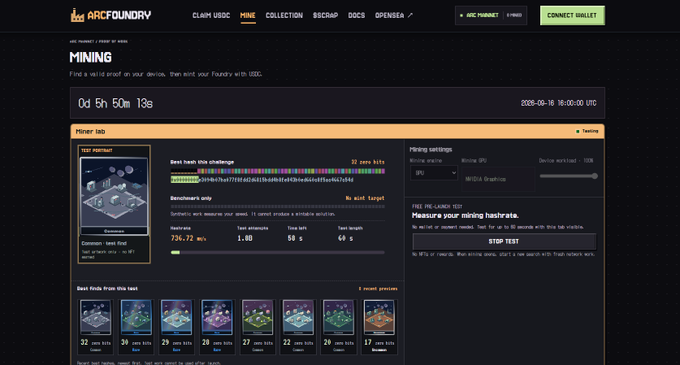A screenshot of the ArcFoundry website shows a 'MINING' dashboard with a countdown timer of '0d 5h 50m 13s', mining settings, hash rate details (739.72 H/s), and a grid of hardware options with zero bids.