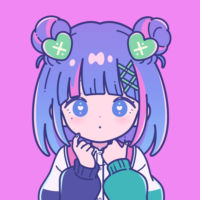 Chibi-style cartoon illustration of a cute girl with purple and pink hair in twin buns decorated with green heart clips, large blue eyes, and a white outfit against a bright pink background.