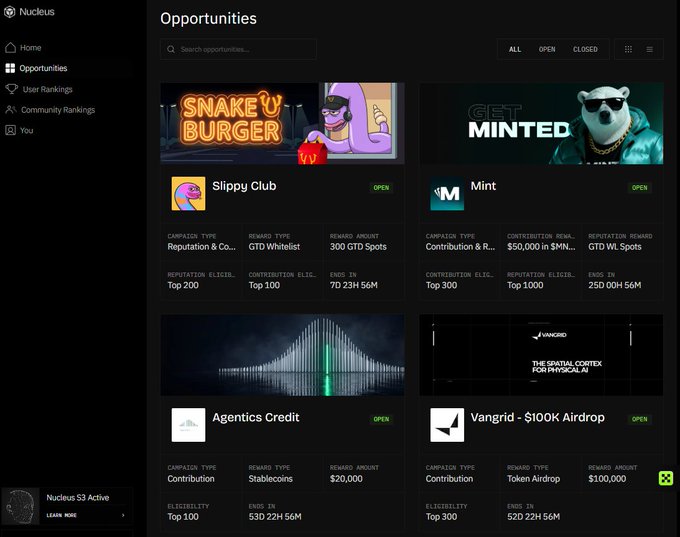 A screenshot of the Nucleus platform showing an 'Opportunities' page with campaigns like 'Snake Burger' (Slippy Club), 'Get Minted' (Mint), 'Agentics Credit', and 'Vangrid - $100K Airdrop', displaying reward details such as '300 GTD Spots' and eligibility cutoffs.