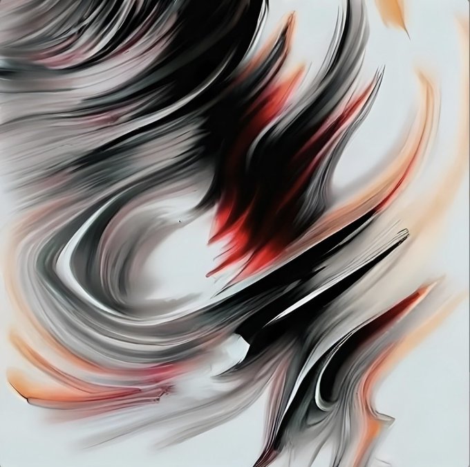 A swirling abstract expressionist painting featuring dramatic black, red, and peach brushstrokes against a white background, evoking turbulent emotion and energy.

The image's chaotic, flame-like motion visually embodies the artist's claim of conveying "emotions and feelings" through their "Fortress" artwork, with the intense red and black strokes suggesting the fortress-like intensity of raw emotional expression.