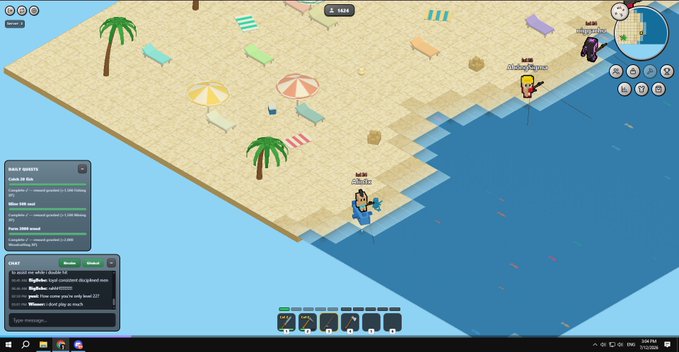 A pixelated beach scene in an isometric 2D game features characters labeled "Buh$ter," "AnonTheGreat," and "Ltgoosestep," along with a chat window and daily quests menu.
