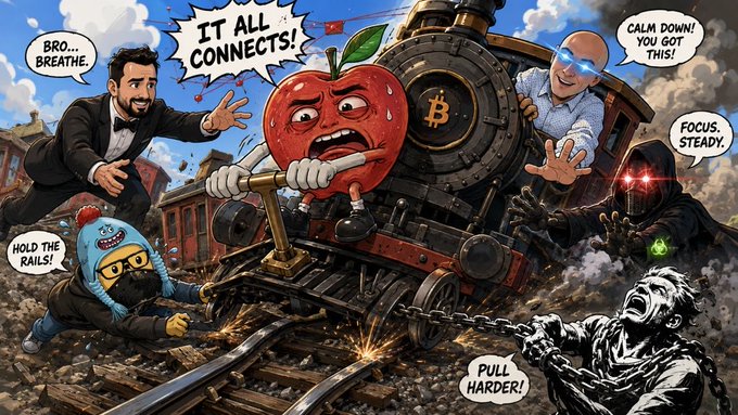 A colorful cartoon-style illustration showing a Bitcoin train racing along rails, pulled by anthropomorphic characters including an angry apple, a banana figure, and a distressed bald man, with speech bubbles saying 'IT ALL CONNECTS!', 'CALM DOWN! YOU GOT THIS!', 'BRO.. BREATHE..', 'FOCUS, STEADY.', 'HOLD THE RAILS!', and 'PULL HARDER!'.