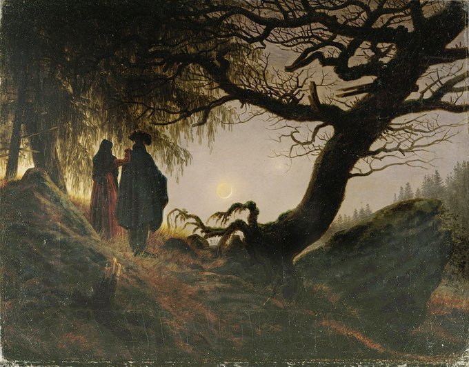 A classic Romantic-era painting depicting two cloaked figures standing on a hillside under a large, gnarled tree, with a crescent moon visible in a hazy twilight sky.