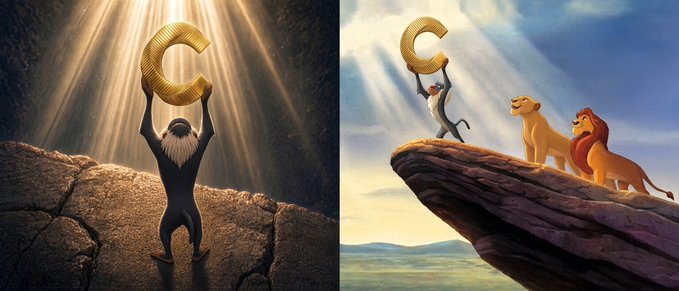 Two scenes from The Lion King showing Rafiki holding up the letter 'C' on Pride Rock, with Simba and Nala watching on the right.