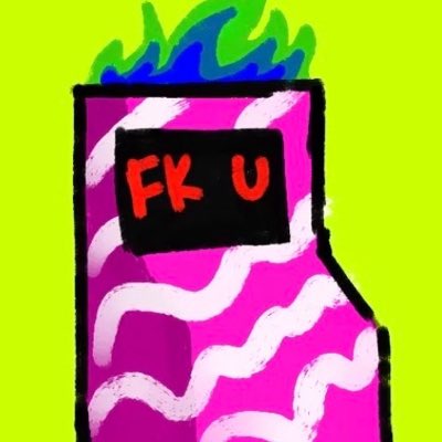 A crude digital drawing of a pink lighter with flame-like patterns and blue flames on top, displaying "FK U" on a black label against a bright green background.