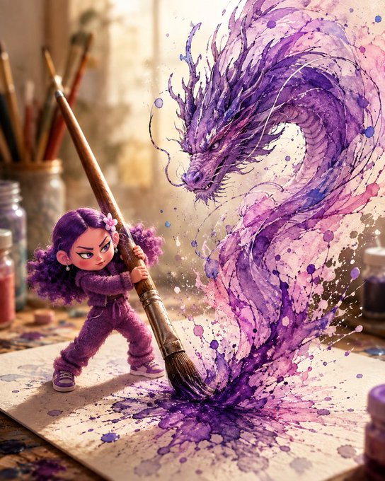A fierce purple-haired artist battles a swirling purple dragon emerging from her oversized paintbrush, capturing the creative struggle and determination behind every masterpiece. The image embodies the message of perseverance—her intense effort to bring the dragon to life through spilled paint and concentrated focus reflects the unseen work and dedication required before a creation can truly shine.