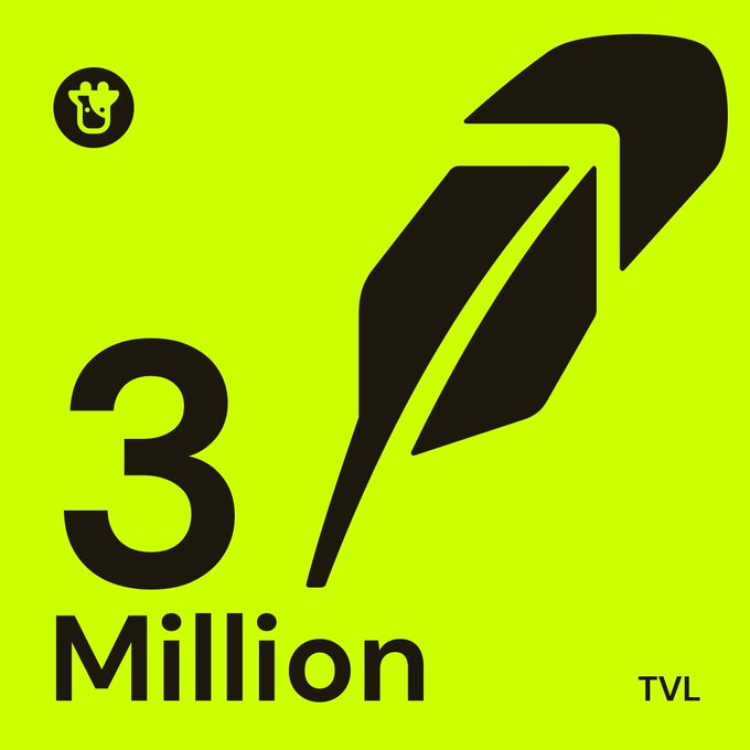 A bright yellow-green graphic featuring a stylized black feather/leaf logo with '3 Million' text and a 'TVL' label, likely commemorating a 3 million total value locked milestone for a crypto project.