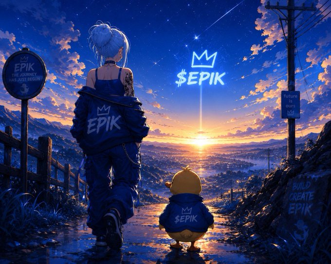 An anime-style character with light blue hair stands with their back turned, wearing a jacket emblazoned with "EPIK," gazing at a sunset cityscape alongside a small round creature also wearing an "$EPIK" jacket. The scene prominently features "$EPIK" branding with a crown logo glowing in the sky, surrounded by slogans like "THE JOURNEY HAS JUST BEGUN," "future is ours," and "BUILD CREATE EPIK," visually tying to the creator's announcement about joining the $EPIK campaign.