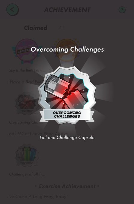A mobile achievement screen displaying an 'Overcoming Challenges' badge with instructions to 'Fail one Challenge Capsule,' labeled as an 'Exercise Achievement.'