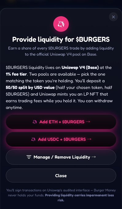 This image shows an advertisement for a cryptocurrency exchange, offering the ability to trade any type of currency including USDC and ETH instead of only holding physical money. The focus of this advertisement is promoting the exchange as a means to make gains through trading. It suggests that users can earn share in every transaction made using this exchange and provides details about the $BURGERS exchange for $USDC or ETH, along with instructions on how to manage and remove liquidity from their accounts.