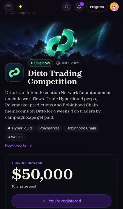 A mobile app screen for the 'Ditto Trading Competition' showing a live campaign with 16d 18h left, a $50,000 total prize pool, and the user is registered.