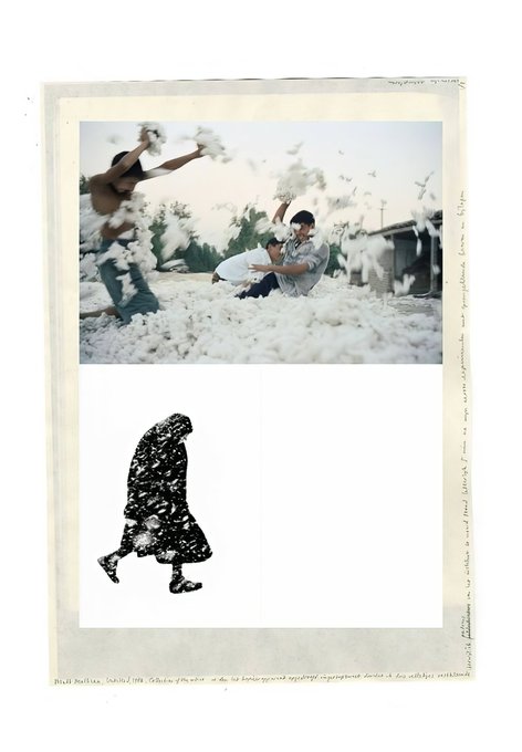 An art-style composition showing two photos stacked vertically: the top shows people throwing feathers in a field, and the bottom is a black silhouette of a figure walking, with handwritten text along the right margin.