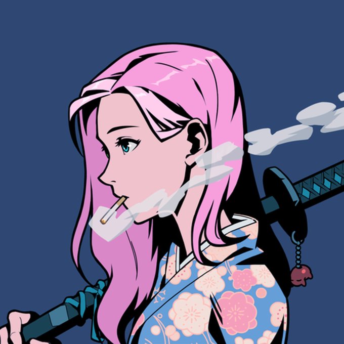 An anime-style illustration features a pink-haired woman in profile smoking a cigarette, wearing a floral kimono with a katana strapped to her back, as smoke drifts behind her.