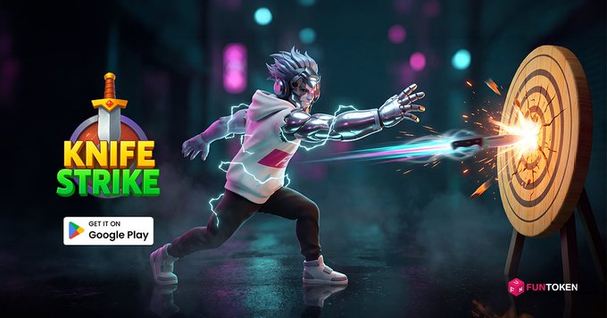 Promotional artwork for a mobile game titled "KNIFE STRIKE," showing a cyborg character in a white hoodie throwing a knife that strikes a wooden target amid sparks and electricity, with a "GET IT ON Google Play" badge and "FUNTOKEN" logo visible.