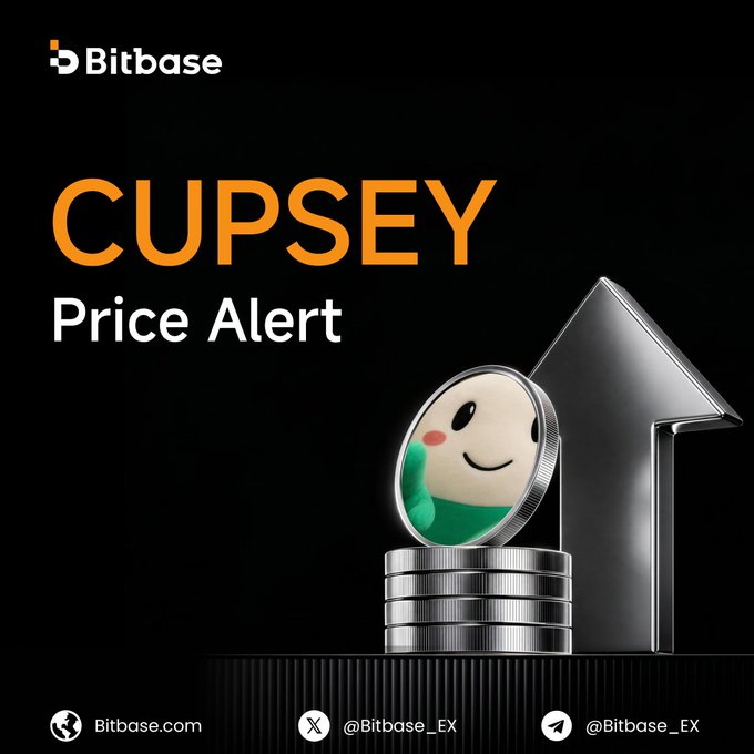 Bitbase promotional graphic announcing a 'CUPSEY Price Alert' featuring an upward arrow with a coin mascot, with links to Bitbase.com, @Bitbase_EX on X, and their Telegram channel.