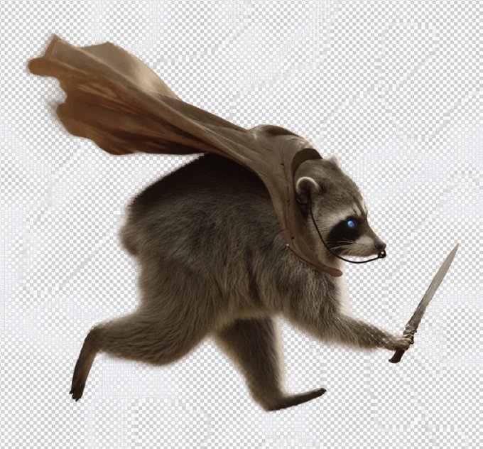 A raccoon donning a flowing brown cape charges forward, brandishing a small knife in a fierce battle pose. The image humorously brings the post to life, depicting the menacing "Jimothy" raccoon unstoppable in his pursuit, ready to raid even the most secure trash with a dagger in hand.