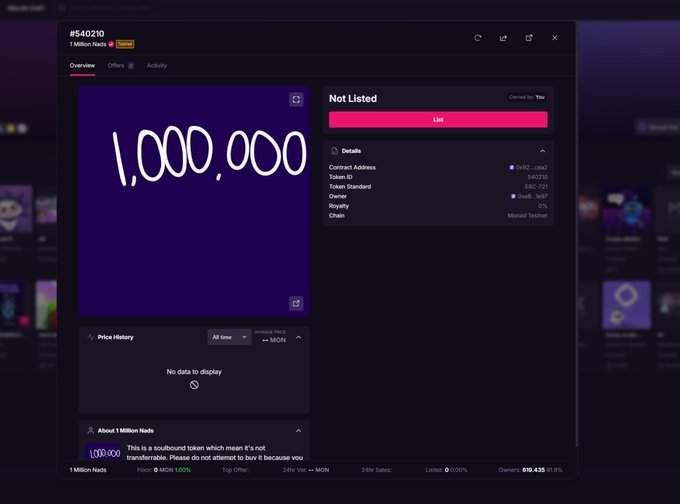 The image shows a NFT marketplace listing for "1 Million Nads" (#540210) on its virtual native token, featuring a purple artwork displaying "1,000,000" in a hand-drawn style, with details showing it's unlisted (owned by You), has 10,000 floor price, and 1,000% royalty. This relates to the post reminiscing about the "1 Million Nads" NFT project, highlighting how the artist (likely Vietnamese "VN bros") used to airdrop NFTs for free to commenters, implying times have changed in terms of how NFTs are distributed today.