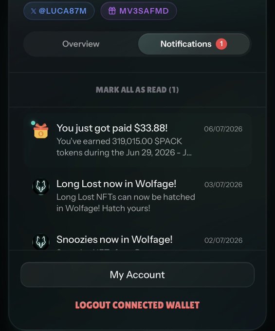 A notifications panel for user @LUCA87M showing a $33.88 reward in SPACK tokens earned from mining, plus updates about Long Lost and Snoozies NFTs now available in Wolfage.