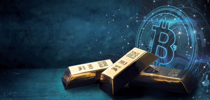 Gold bars labeled "999.9 Fine Gold" are displayed in the foreground with a glowing blue Bitcoin symbol set against a digital network background, visually contrasting traditional physical gold with modern cryptocurrency. The image illustrates the post's theme of comparing these two distinct stores of value—gold's millennia-old reliability versus Bitcoin's emerging digital experiment.