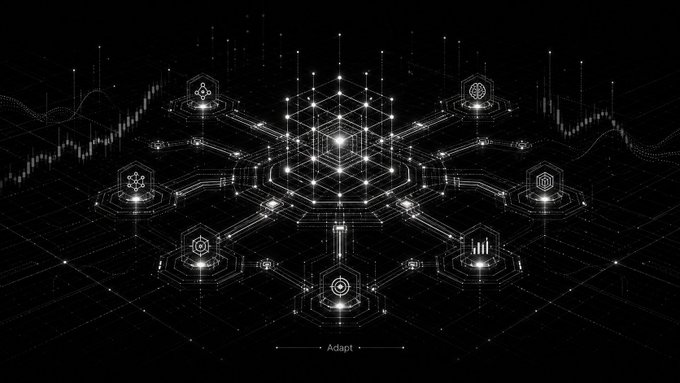 A futuristic digital network of glowing interconnected nodes and circuitry features the word "Adapt" at the bottom center, visually symbolizing the post's theme of AI agents adapting and coordinating across crypto markets to move from experiments to real onchain execution.