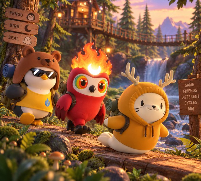 Three cartoon mascot characters—a penguin, owl, and seal—stand in a lush forest setting with wooden signposts labeled "PENGU," "BIRB," "SEAL," and "SAME FRIENDS DIFFERENT CYCLES."