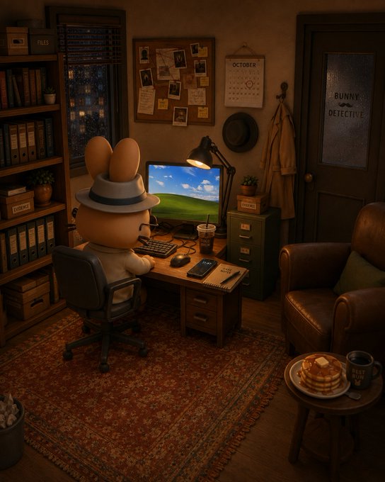 A rabbit detective wearing a fedora works late at his dimly lit office, complete with filing cabinets, a bulletin board, and a "BUNNY DETECTIVE" frosted door, while a stack of pancakes and a "EAT BUN" mug sit on a side table — a whimsical scene fitting the "Mystery Stock #6: long day at the office" PancakeSwap post.