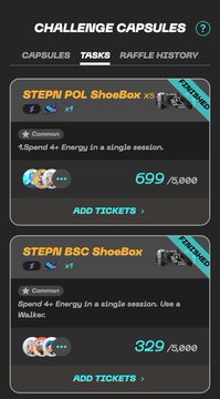 A mobile app interface for 'CHALLENGE CAPSULES' showing tasks 'STEPN POL ShoeBox' and 'STEPN BSC ShoeBox' with ticket counts of 699/5,000 and 329/5,000 respectively.