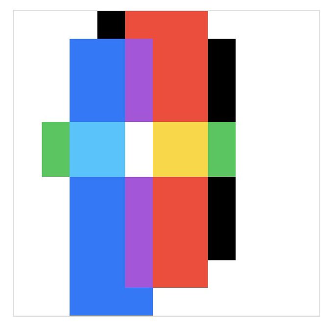 A digital composition of overlapping colored rectangles—blue, red, black, purple, green, yellow, and white—arranged in a geometric pattern resembling an abstract figure or logo.
