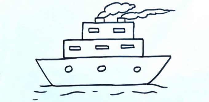 A simple black and white line drawing of a cruise ship or ferry with smoke billowing from its smokestacks, floating on wavy water lines.