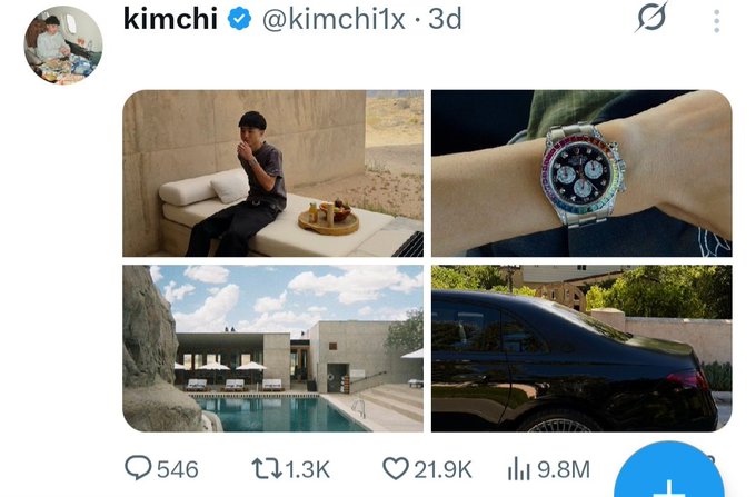 A Twitter/X post by 'kimchi' (@kimchi1x) showing four images: a man at an outdoor lounge, a Rolex watch, a modern house with pool, and a black luxury car, with 21.9K likes and 9.8M views.