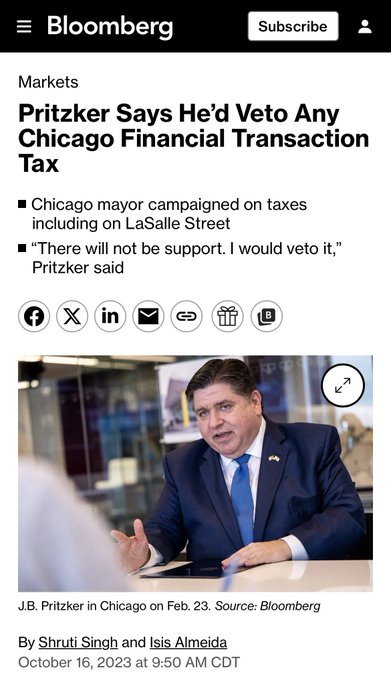 A smartphone screen displays a news article about a Chicago financial transaction tax, with a headline and text discussing the topic.