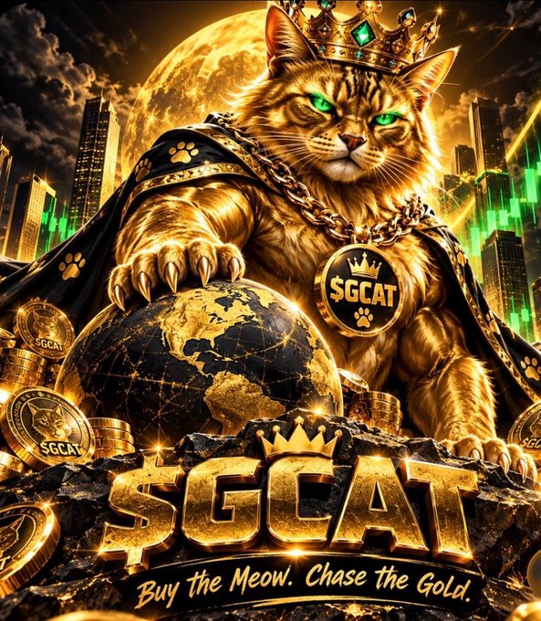 Promotional image for the cryptocurrency token "$GCAT" featuring a regal cat wearing a crown and cape, with text reading "Buy the Meow. Chase the Gold."